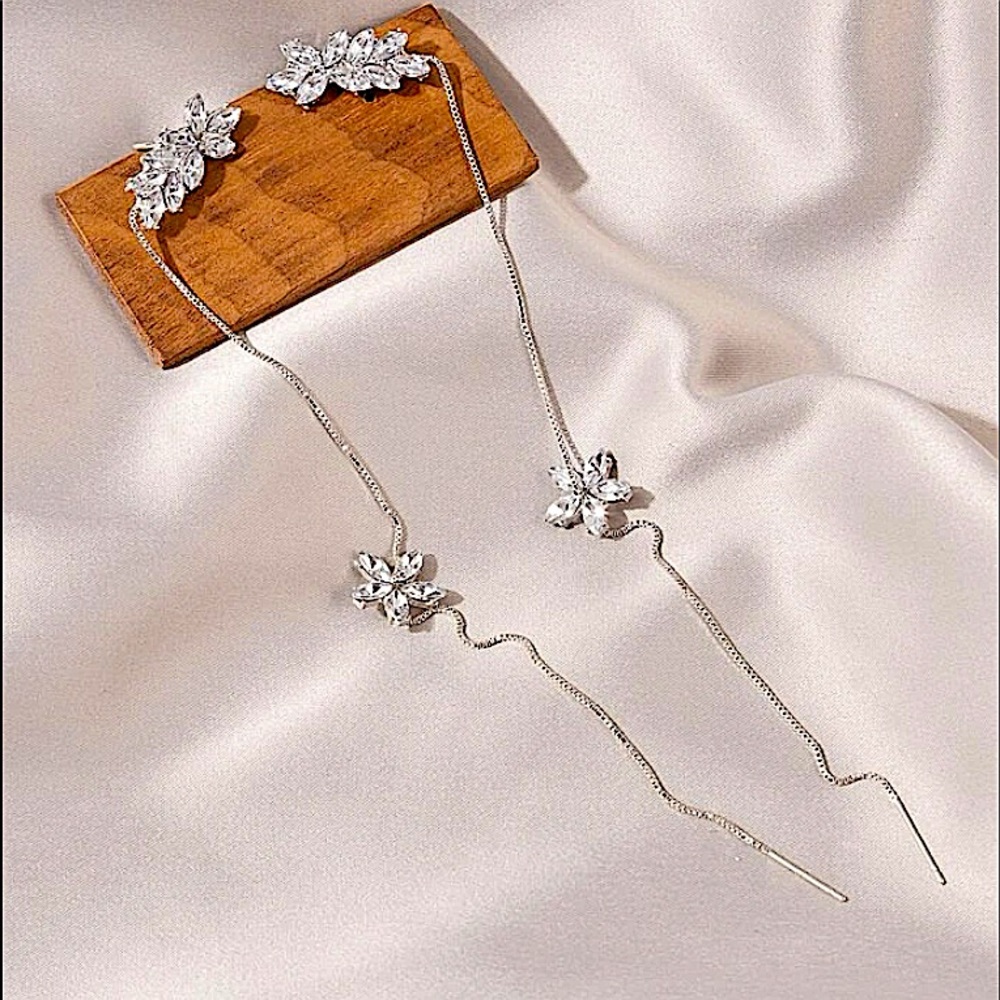 SILVER RHINESTONE FLOWER EAR CUFF THREADER CLIMBER EARRINGS - Picture 1 of 5